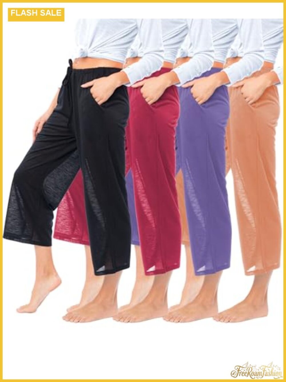 Semi Sheer Burnout Capri Lounge Spa Pants Drawstring Pockets Relaxed